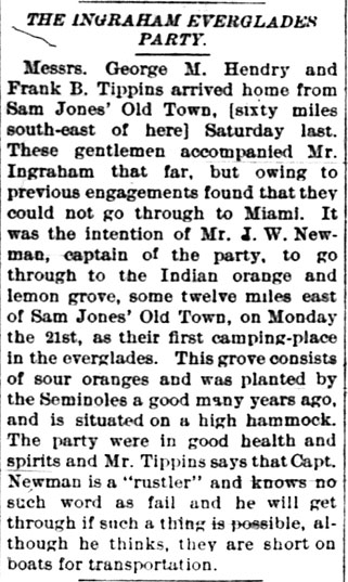 Article reporting on the Ingraham Everglades Party; source: Ft. Myers Press, March 31, 1892