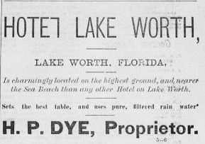 Hotel Lake Worth advertisement; source: The Topical Sun, Nov. 18, 1891