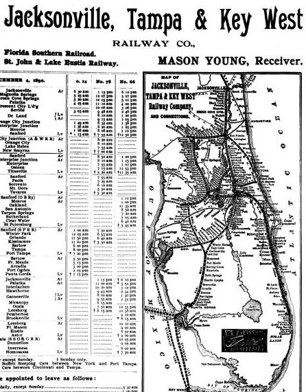 Jacksonville, Tampa and Key West Railway Company map and schedule; source: State Archives of Florida, Florida Memory