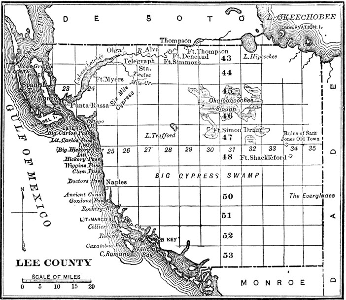 Lee County map; source: A Handbook of Florida, by Charles Ledyard Norton